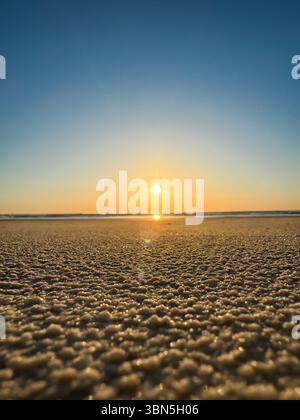 Ein flacher Blick auf die aufgehende Sonne über einem ruhigen Strand. Das Morgenlicht glitzert über strukturiertem Sand und fängt die Schönheit der Natur bei Sonnenaufgang ein. Stockfoto