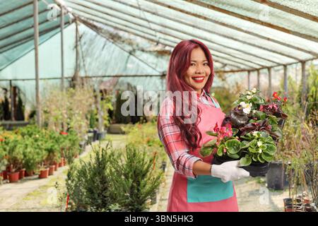 Asiatische Gärtnerin mit Blumentöpfen in einem Gewächshaus Stockfoto