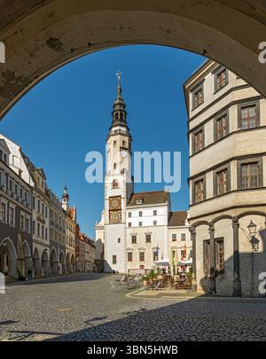 Blick auf den Untermarkt - Unterer Marktplatz und den Uhrturm des Alten Rathauses, Görlitz, Goerlitz, Deutschland Stockfoto