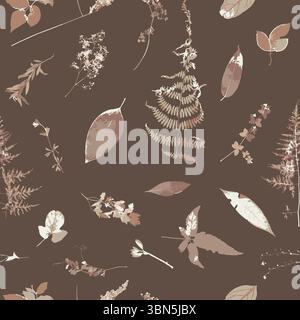 Nahtloses Muster mit einfarbigen braunen trockenen Kräutern und Blättern. Tapete für wilde Felder und Waldpflanzen Stock Vektor