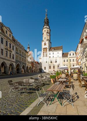 Blick auf den Untermarkt - Unterer Marktplatz und den Uhrturm des Alten Rathauses, Görlitz, Goerlitz, Deutschland Stockfoto