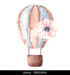 Aquarellillustration von Heißluftballon mit rosa Wimpeln und Anemonenblume. Handgezeichnete Baby-Mädchen-Illustration in Pastellfarben isoliert auf weiß Stockfoto