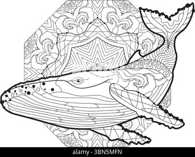 Schwimmender Wal für Anti-Stress-Malseite. Stock Vektor