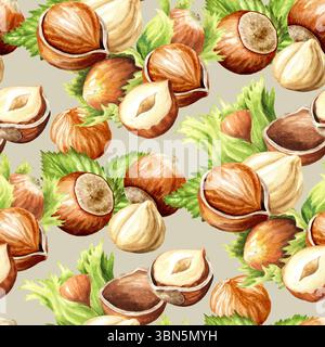 Nahtloses Haselnussmuster. Handgezeichnete Aquarellillustration Stockfoto