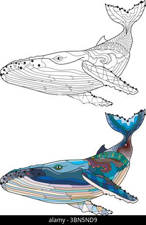 Schwimmender Wal für Anti-Stress-Malseite. Farbe und Kontur festgelegt Stock Vektor