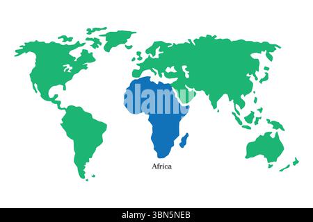 „Weltkarte mit Afrika in Blau hervorgehoben – Global Geography Illustration“ Stock Vektor