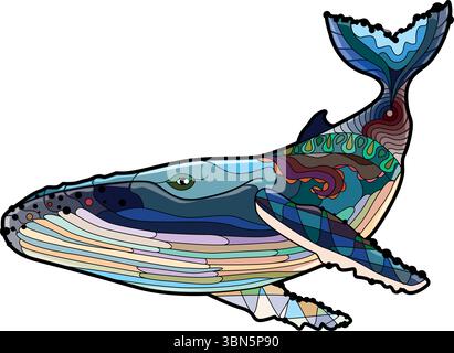 Schwimmender Wal für Anti-Stress-Malseite. Stock Vektor