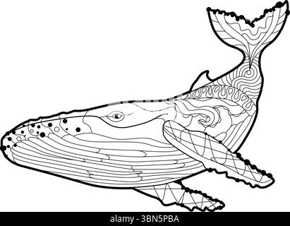 Schwimmender Wal für Anti-Stress-Malseite. Stock Vektor