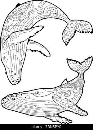 Set schwimmender Wale für Anti-Stress-Malseite. Stock Vektor