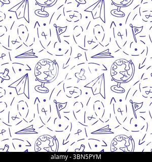 Nahtloses Kritzelzeichnen für die Schule mit Globe, Karte und Navigation, Grundlagen der Geographie und Bildungskonzept. Vektorstiftzeichnungen. Kinder Kartenhintergrund für Reisen. Stock Vektor