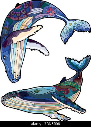 Set schwimmender Wale für Anti-Stress-Malseite. Stock Vektor