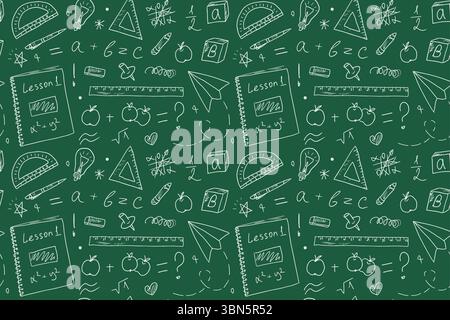 Nahtloses Muster mit Schulzeichnungen auf Tafel Hintergrund. Hintergrund für Schulbuch-Cover, Textilien und Schreibwaren, Back-to-School-Konzept. Schlampige Skizzen in einem Notizbuch Stock Vektor