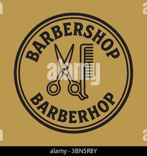 Klassisches Barbershop-Emblem mit Haarschneidewerkzeugen auf warmem goldenen Hintergrund Stock Vektor