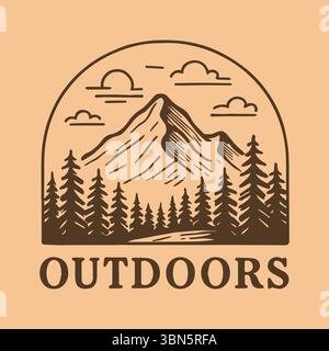 Klassisches Outdoors Logo mit majestätischen Bergen und dichten Kiefernwäldern Stock Vektor