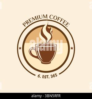 Premium Coffee Shop Branding Design. Ein bezauberndes Logo-Design für einen Coffee Shop mit einer dampfenden Tasse Kaffee in einem Vintage-Stil Stock Vektor