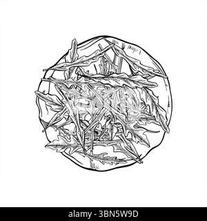 Frische Rucolablätter auf Fladenbrot, Tortilla oder Pita monochrome Vektor-Illustration gestapelt. Pizzabasis mit Salatblatt-Haufen-Ätzzeichnung. Stock Vektor