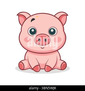 Cute Cartoon Pig - bezaubernde sitzende Figur mit großen Augen Stock Vektor