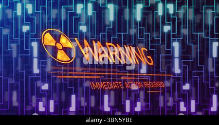 Anzeige des Strahlungsbogens, WARNUNG SOFORTIGE AKTION auf der Benutzeroberfläche ERFORDERLICH, mit Schaltungshintergrund Stockfoto
