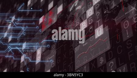 Matrixraster auf dem Armaturenbrett mit Datenfeldern, rotem Fluktuationsdiagramm, blauen Pfeilen für Schaltungsknoten Stockfoto