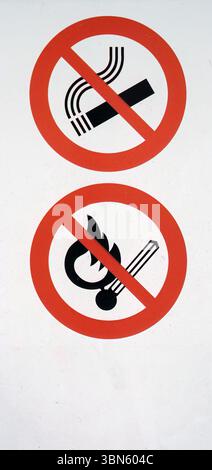 Rauchen verboten und kein offenes Feuer Schild, Foto. Stockfoto