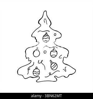 Minimalistischer Weihnachtsbaum mit Kugeln und Lametta in Doodle-Stil Vektor-Illustration gemalt von schwarzen Tinten. Handgezeichnete grafische Skizze der Weihnachtsfichte Stock Vektor