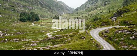Smaragdgrüne Hügel umschließen eine enge Asphaltstraße und schaffen eine faszinierende Reise durch Irlands Herz. Stockfoto