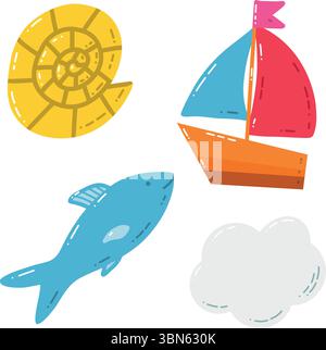 Farbenfrohe nautische Illustrationen einschließlich Segelboot, Fisch, Shell und Wolke auf weißem Hintergrund Stock Vektor