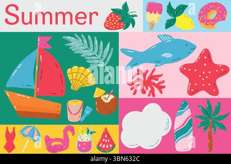 Farbenfrohes Sommerbanner mit Illustrationen zu Strand, Meer, Obst und Freizeitaktivitäten. Stock Vektor