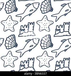 Nahtloses Strandmotiv mit Muscheln, Fischen, Sternen und Sandburgen Stock Vektor