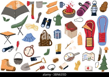 Camping Essentials illustriertes Set mit Ausrüstung und Outdoor-Ausrüstung Stock Vektor