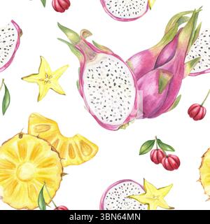 Aquarellfarben Pitahaya, Ananasscheiben, Karambola und Acerola nahtloses Muster. Tropische Früchte isoliert verziert für gesunde Lebensmittel Verpackung Stockfoto