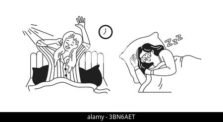 Schwarz-weiße Illustration einer Frau, die sich freudig im Bett ausdehnt, während eine andere friedlich mit einer Augenmaske schläft. Einfache Schlafzimmerszene mit d Stock Vektor