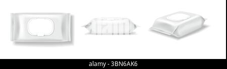 Vektor-Illustration einer realistischen Verpackung von weißen Feuchttüchern. Minimalistischer Stil mit einem klaren weißen Farbton. Nützlich für Branding und Produktmodelle. Stock Vektor