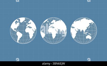 Welt-Kartenset. Globus-Karten für Europa, Asien, Amerika, Ozeanien. Weltkugel-Symbole auf blauem Hintergrund. Erdkugeln. Stock Vektor