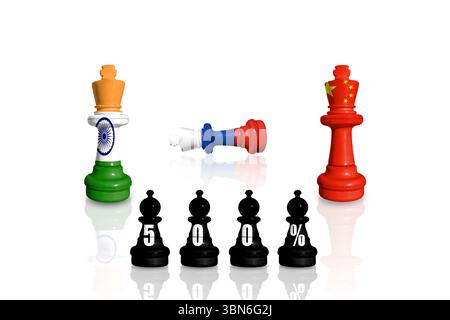 Schach aus Fahnen Indiens, Russlands und Chinas. USA-Sanktionen für russischen Krieg und Aggression in der Ukraine Stockfoto