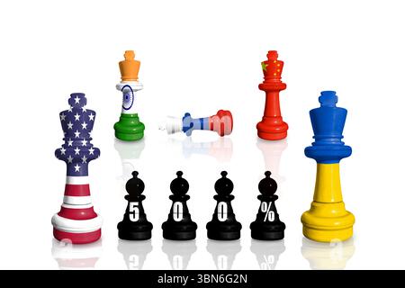Schach aus Fahnen Indiens, Russlands, Chinas, der Ukraine und der USA. USA-Sanktionen für russischen Krieg und Aggression in der Ukraine Stockfoto