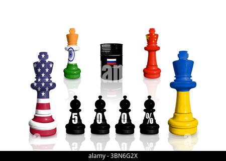 Schach aus Fahnen Indiens, Chinas, der Ukraine und der USA. USA-Sanktionen für russischen Krieg und Aggression in der Ukraine Stockfoto