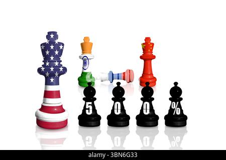 Schach aus Fahnen Indiens, Russlands, Chinas, der Ukraine und der USA. USA-Sanktionen für russischen Krieg und Aggression in der Ukraine Stockfoto