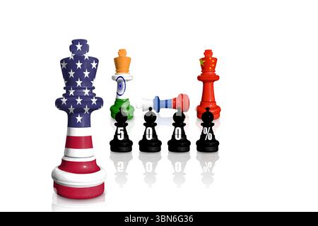 Schach aus Fahnen Indiens, Russlands, Chinas, der Ukraine und der USA. USA-Sanktionen für russischen Krieg und Aggression in der Ukraine Stockfoto