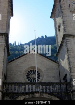 Besucher bewundern die beeindruckende Fassade der Kathedrale von St. Tryphon vor dem Hintergrund der üppigen Hügel in Kotor, Montenegro an einem hellen Tag. Stockfoto