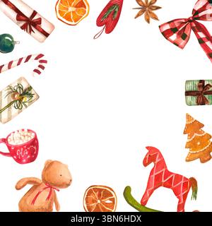 Handgemalter Rahmen mit Aquarellmalerei und Weihnachtsdekoration. Weihnachtskomposition Stockfoto