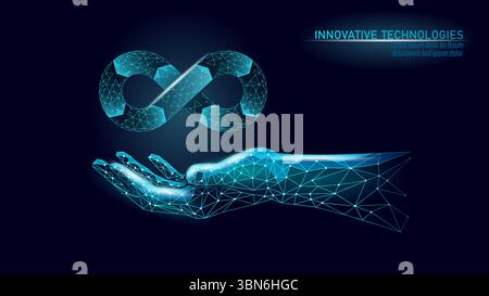 Infinity-Loop über Hand-Konzept. Digitale Innovation mit niedrigem Poly-Dauerzyklus. Fortschritte bei der Entwicklung von Unternehmenstechnologie und Wissenschaft. Dunkelblauer Hintergrund Stock Vektor