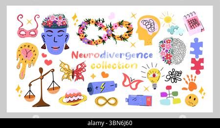Neurodivergence Sammlung Bunte Vektor-Illustration mit ADHD Autismus Symbole und geistige Gesundheit Symbole perfekt für Aufkleber Poster Druckkarten Stock Vektor