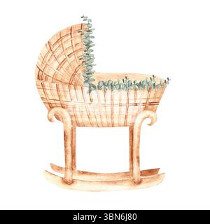 Aquarellillustration der Babyschale aus Rattan mit Eukalyptus verziert. Handgezeichnete Krippe im Retro-Öko-Stil. Für die Begrüßung des Neugeborenen oder zum Geburtstag Stockfoto