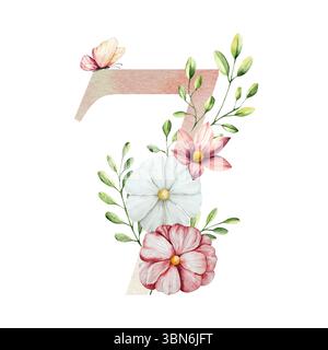 Elegante Nummer sechs mit Blumen und Blättern, Schmetterling. Aquarellgerbera, Kamille, Echinacea. Handgezeichnete Wildblumenkunst isoliert auf Hintergrund Stockfoto
