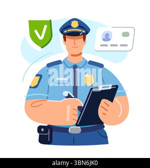 Polizist in Uniform mit Abzeichen. Strafverfolgungsbehörden, Vertreter der Staatssicherheit. Überprüfung der Dokumente Stock Vektor