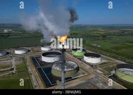 Aus der Vogelperspektive der Ölraffinerie Prax Lindsey, industrielle Ölraffinerie. Erdölproduktionsanlage. Immingham Nordosten Lincolnshire. Stockfoto