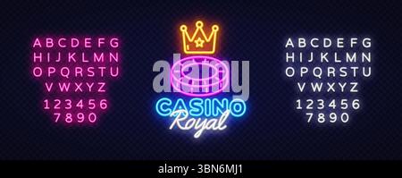 Königlicher Text des Neon-Casinos unter glühendem Chip und Kronensymbol. Elegante und auffällige Komposition mit Buchstaben auf beiden Seiten für Werbezwecke. Stock Vektor