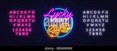 Neonkomposition mit leuchtendem Text lycky Night, Würfelsymbol und vollständigem Alphabet in Pink und weiß. Buchstaben im Kasino-Stil mit moderner Retro-Atmosphäre Stock Vektor