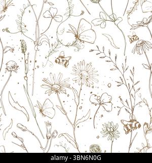 Elegantes, nahtloses Blumenmuster mit handgezeichneten Wildblumen, Schmetterlingen und Kräutern in feiner Linie auf weiß. Luftiges, minimalistisches Design für Textilien Stock Vektor